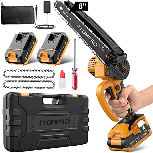 JYGMPRO Mini Tronçonneuse à Batterie 8 Pouces, Tronçonneuse Électrique Sans Fil pour Jardin, Brushless Elagueuse Batterie avec 2 Batteries 2.0Ah, 2 Chaînes, Pour la Coupe du Bois, l'élagage le Jardin