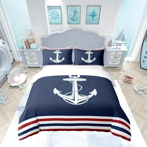 Homemissing Anchor Bedding Set Navy Blue 100% Cotton Duvet Cover 200 x 200 cm Women Ultra Soft Adventure Marine Bedding Set Ocean Bed Set Bedroom Bedding Set