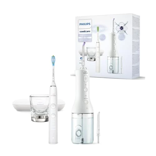 Philips Sonicare Bezprzewodowy irygator do jamy ustnej Power Flosser i szczoteczka elektryczna Philips Sonicare DiamondClean 9000 — czyste zęby i dziąsła, usuwanie płytki nazębnej, biały (HX3886/41)