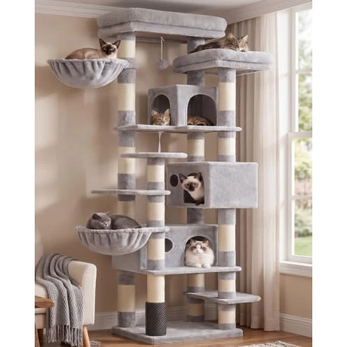 Tijdelijke aanbieding: Hey-brother Krabpaal, 188 cm kattenboom, XXL klimboom met 2 grote platforms, 3 holletjes, 2 manden, pluche ballen en sisal krabpalen, meerverdiepings kattenkrabpaal, lichtgrijs MPJ035-MW van 89.99 € naar 75.99 € (16% korting)