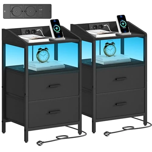 Offerta a tempo: Hzuaneri Comodini Set di 2, con Luci LED e Stazione di Ricarica, Tavolino Moderno con Porte USB e Prese di Corrente, Comodini con Ripiano Aperto per Camera da Letto, Soggiorno, Nero NS36204B - 36% da 109.99 € a 69.99 €