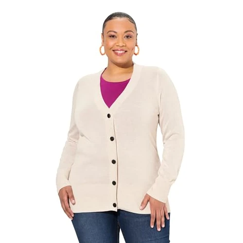 Oferta limitada: Ulla Popken Chaqueta de Punto, Escote en V, Cierre con Botones, Punto Fino Naturaleza Melange 42+ 791605201-42+ de 49.99 € a 30.63 € (ahorro 39%)