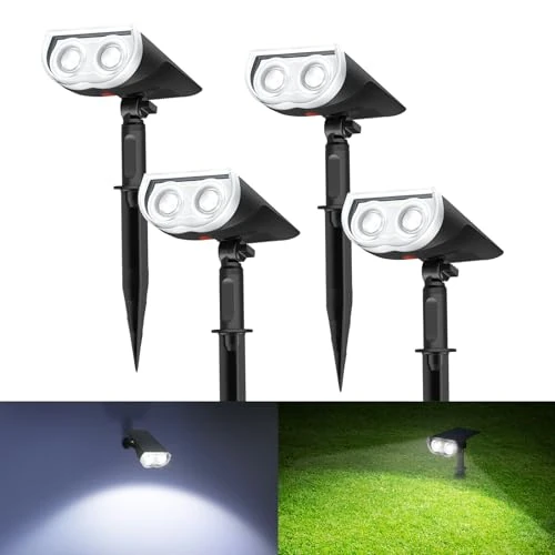 Linkind Spots Solaires Éxtérieur Jardin, Blanc Froid 6500K, Marche/Arrêt automatique, Étanche IP67, Lampe de Jardin LED StarRayS, installation 2 en 1 pour Arbustes, Palmiers, 4 Pcs