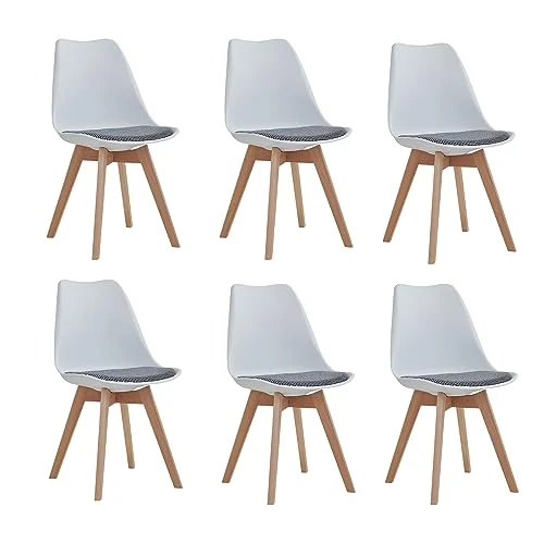 Offerta a tempo: DEYARNA HOME Set di 6 Sedie da Pranzo Moderne con Cuscino in Tessuto Imbottito, Sedie da Cucina Scandinave con Gambe in Legno di Faggio (Bianco) - 24% da 129.00 € a 98.37 €