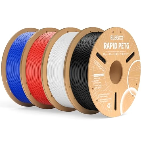ELEGOO Rapid PETG filament 1,75 mm, czarny, biały, czerwony, niebieski, 4 kg, High Speed 30 – 600 mm/s, dokładność pomiaru +/- 0,02 mm, 4 szt. szpula kartonowa 1 kg (2,2 lb), pasuje do większości