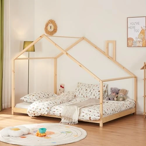 Begrenztes Angebot: [en.casa] Kinderbett Siuntio Kleinkindbett in Haus-Optik Bodenbett Montessori Bett Hausbett Bettgestell aus Kiefernholz Abenteuerbett 120x200cm Natur von 149.39 EUR auf 149.39 EUR (Rabatt 0%)