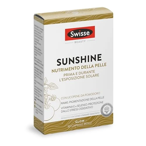 Offerta a tempo: SWISSE Sunshine - Integratore Attivatore Nutrimento Pelle Prima e Durante l'Esposizione Solare, Integratori Pelli Luminose con Vitamina E Antiossidante, Licopene e Minerali, 30 Compresse Made in Italy - 62% da 25.90 € a 9.73 €