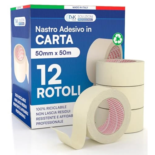 Offerta a tempo: DNK TRADE Nastro di Carta - 12 Rotoli di Nastro da Imbianchini 50mm x 50m - Carta Gommata Professionale 50x50 Riciclabile per Mascheratura Pittura e Imbiancatura - 5% da 39.90 € a 37.89 €