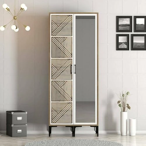 Dmora Mirfak 2 Door Wardrobe, Bedroom Furniture, Storage Cabinet, Clothes Hanger, 80 x 201 x H 48 cm, Walnut and White
