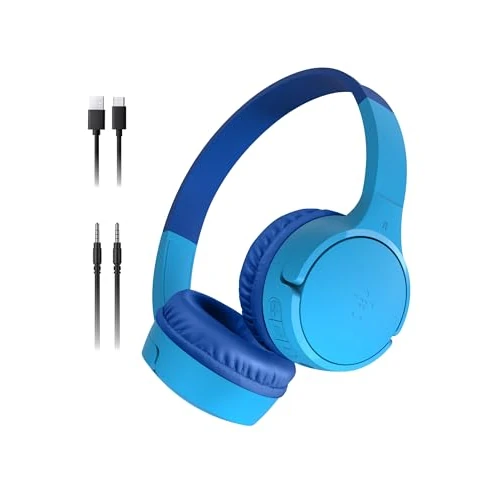 Offerta a tempo: Belkin SoundForm Mini Cuffie wireless per bambini con microfono, 30 ore di riproduzione, adesivi divertenti, headset over-ear per didattica online, scuola e viaggi, per iPhone, iPad e Galaxy, blu - 43% da 29.99 € a 16.99 €