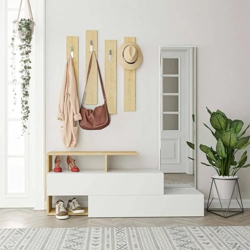 Tijdelijke aanbieding: Dmora Himalia Ingangsmeubel, deurgarderobe, hal, multifunctionele opbergconsole, 137 x 35 x 55 cm, wit en eiken van 459.99 € naar 459.99 € (0.00% korting)