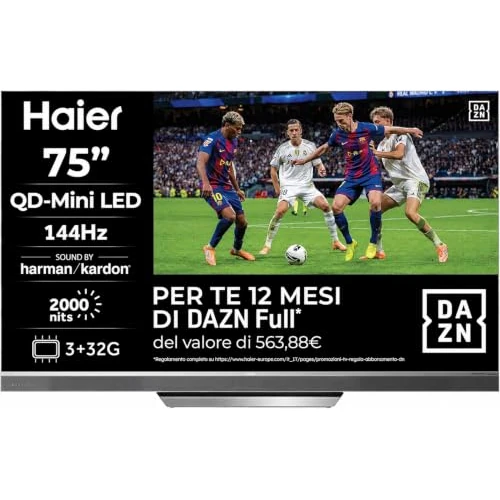 Offerta a tempo: Haier Smart TV 75" QD-Mini LED 4K UHD, Google TV, Gaming 144Hz, HDR10 | Dolby Vision, Dolby Atmos, Bluetooth 5.1, HDMI 2.1 x 4, DBX TV, Processore Quad Core, 12 Mesi DAZN Inclusi, H75M95EUX - 29% da 989.00 € a 699.00 €