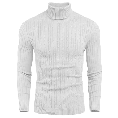 Offerta a tempo: COOFANDY Maglione da uomo a maglia fine a maniche lunghe, maglione invernale, slim fit, tempo libero, collo alto, bianco, L - 50% da 39.99 € a 19.99 €