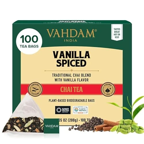 Offerta a tempo: VAHDAM Tè Chai alla Vaniglia Speziato | 100 Filtri Piramidali | Miscela di Tè Nero Indiano con Vaniglia, Cannella, Cardamomo, Chiodi di Garofano e Zenzero | Gusto Intenso | Sottovuoto - 29% da 21.99 € a 15.57 €