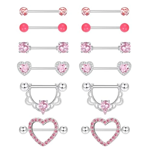 Diamday 6Pairs 14G Nipple Bars Tongue Bars 316L Surgical Steel Heart CZ Barbell Nipple Piercing Jewelry Pink