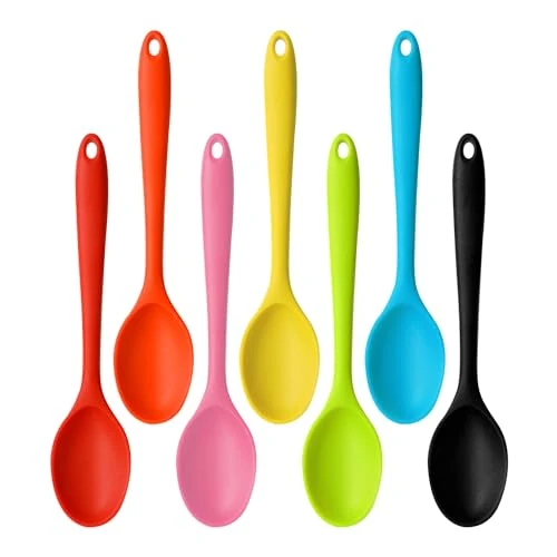 Juego de 7 cucharas de silicona de acero inoxidable, cucharas de cocina, cucharas mezcladoras de mango largo, cucharas de servir de colores, cucharas de silicona antiadherentes, utensilios de cocina