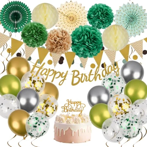 Tijdelijke aanbieding: Verjaardagsdecoraties (40 Stuks) - Groene & Gouden Decoraties, Ballonnen, Happy Birthday Banner, Pompons. Perfect voor 18e & 30e verjaardagen baby showers geslachtsaankondigingen tuinfeesten van 10.99 EUR naar 10.99 EUR (korting 0%)