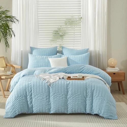 Oferta ograniczona: Poszwa na kołdrę Seersucker 200 x 200 cm, jednokolorowe paski tłoczone w paski, strukturalne, dla dorosłych, nastolatków, miękkie, wygodne, eleganckie, 2-osobowe zestawy pościeli w paski z 2 z 18.04 EUR na 18.04 EUR (znizka 0%)