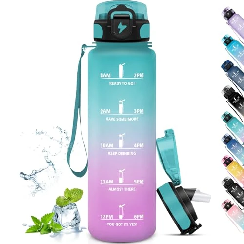 Grsta 1 Litre Sports Drinking Bottle, Water Bottle with Straw, Leak-Proof, BPA-Free, Plastic, 1000 Millilitres, Green Powder, Perfect for Fitness, Hiking, Camping, Yoga