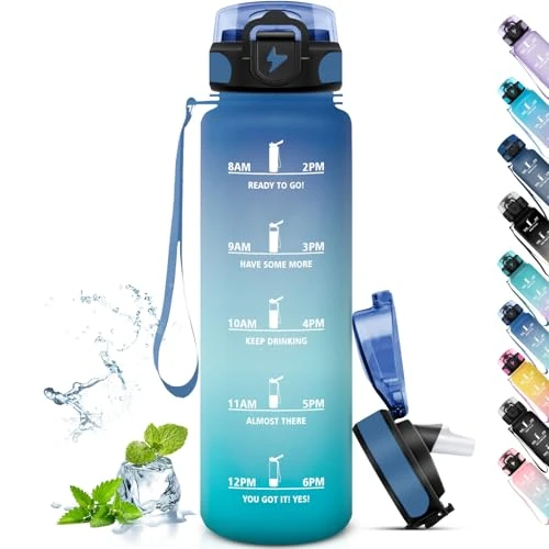 Grsta Water Bottle 1 L, Sports Water Bottle for Adults, Water Bottle with Straw, Easy to Clean, Water Bottle with Time Marking, Water Bottle for Fitness, Hiking, Camping, Outdoor