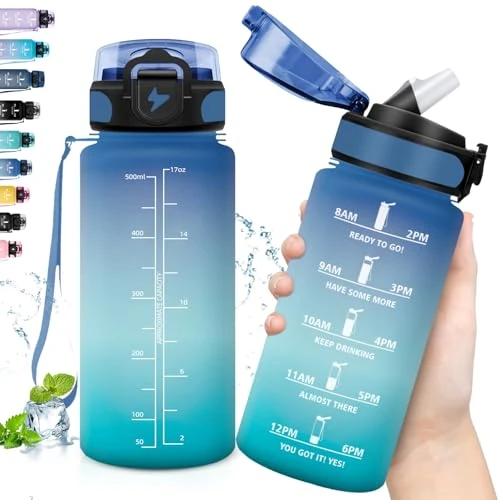 Offerta a tempo: Grsta 500ml Borraccia Bambini, Borraccia Motivazionale con Cannuccia, con Orari per Bere, Facile da Trasportare, con Scala Temporale, per Scuole, Uffici - 0.00% da 13.99 € a 13.99 €