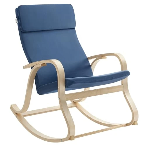 SONGMICS, Schommelstoel, relaxstoel, belastbaar tot 120 kg, structuur van berkenhout, bekleding van katoen, middernachtblauw LYY030Q01, 65 x 90 x 98 cm