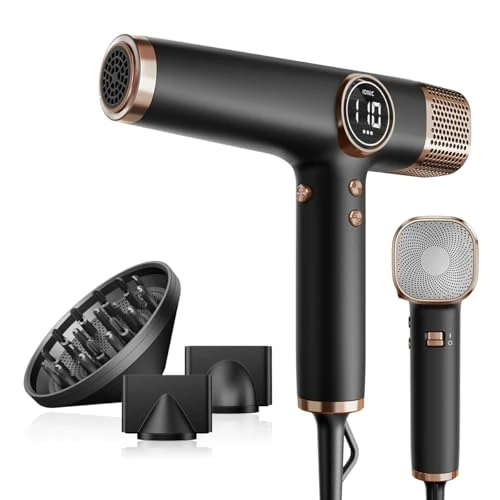 Faszin Hair Dryer, Lightweight Hair Dryer with 110,000 RPM Brushless Motor for Quick Drying, 200 Million Ion Hair Dryer, Low Noise, LED Display, 3 Magnetic Nozzles for Home, Salon (Black)