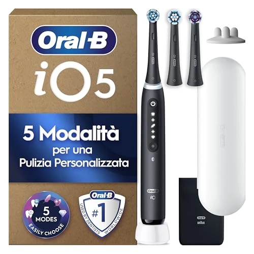 Oferta limitada: Oral-B iO 5 Cepillo de Dientes Eléctrico con 3 Cabezales, Negro - Cepillo Dental con Sensor de Presión, 5 Modos de Cepillado con Blanqueamiento Dental y Modo Sensible, Estuche de Viaje Blanco de 189.95 € a 99.95 € (ahorro 47%)