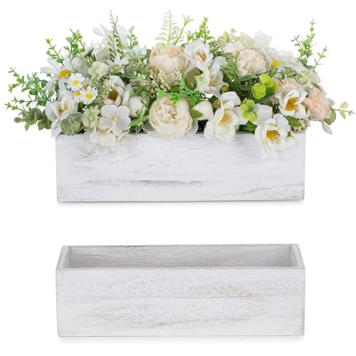 Limited offer: NUPTIO Wooden Box Centerpiece for Table: 2 Pcs 11.8" Long Wood Rectangle Planter Boxes - Farmhouse Washed White Planters for Fall Wedding Dining Living Room Window Mantel Table Decor from 25.98 EUR to 20.99 EUR (save 19%)