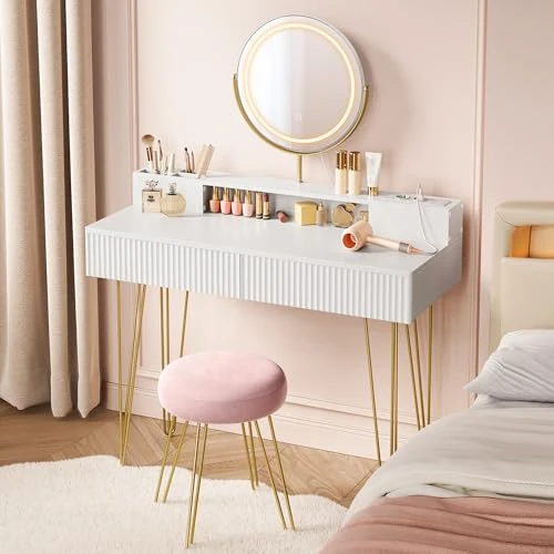 VASAGLE Dressing Table with Mirror, Stool, Lighting, Power Strip, 40 x 100 x 134.8 cm, Cosmetic Table with 2 Drawers, Padded Stool, Matte White / Pale Gold
