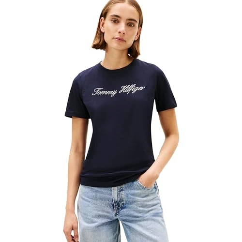 Tommy Hilfiger Donna T-Shirt Maniche Corte Script Regular Scollo Rotondo, Blu (NOS Desert Sky), XL