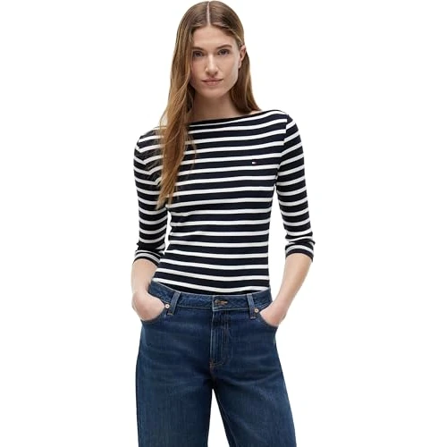 Offerta a tempo: Tommy Hilfiger Donna Maglietta Maniche Lunghe New Cody Slim Scollo a Barca, Multicolore (NOS Breton Desert Sky/Ecru), S - 42% da 59.90 € a 34.67 €
