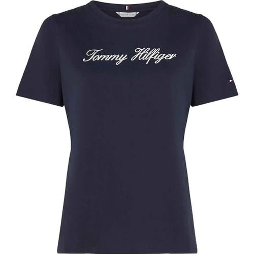 Offre limitée : Tommy Hilfiger T-Shirt Manches Courtes Femme Script Regular Col Ras-du-Cou, Bleu (Nos Desert Sky), S de 39.90 € à 38.70 € (3% de remise)