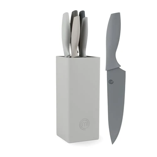 Begrenztes Angebot: MasterChef Messerblock mit Messer, Messerset mit Block, Scharfe Messer Set mit Küchenmesser, Kochmesser, Brotmesser, Schälmesser & Allzweckmesser, Edelstahlklingen, Softgriff, 6-teilig, Schwarz von 35.14 EUR auf 24.95 EUR (Rabatt 29%)