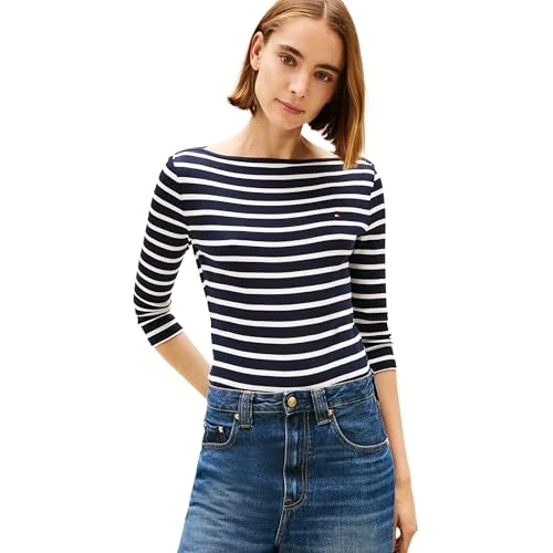 Tommy Hilfiger Dames lange mouwen slim fit boothals top, Nos Bretonse Woestijnhemel/Ecru, M