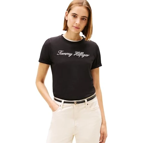 Offerta a tempo: Tommy Hilfiger Donna T-Shirt Maniche Corte Script Regular Scollo Rotondo, Nero (NOS Black), S - 34% da 39.90 € a 26.22 €