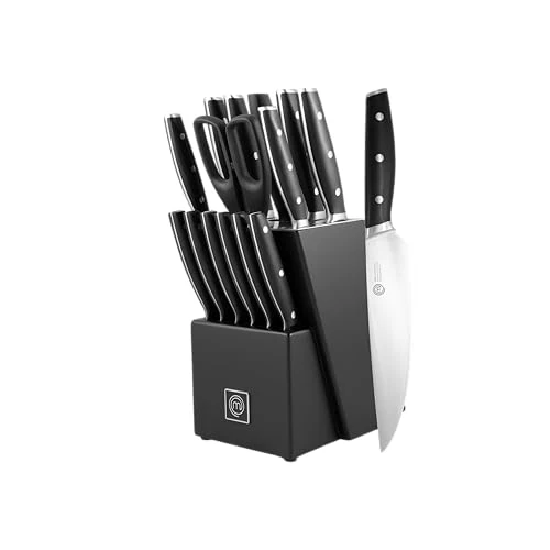 Offerta a tempo: MasterChef Set Coltelli da Cucina Professionali con Ceppo, Porta con Coltello Pane, Bistecca, Chef, Santoku, Affilacoltelli, Forbici, Acciaio Inox ad Alto Carbonio, Manici Tripli Rivettati, 15 pezzi - 9% da 127.47 € a 116.62 €