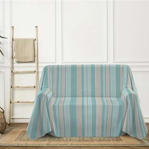 PENSIERI DELICATI Telo Copridivano 260 x 290 cm Made in Italy, Telo Copritutto 100% Cotone Puro Riciclato Tinto in Filo con Riga Alternata Rodry Turchese, Ideale Come Telo Arredo, Salva Divano