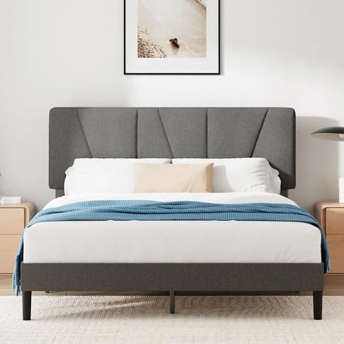 Zinus Maya Cama 140 x 190 cm - Altura 30 cm - Somier tapizado con cabecero - Somier de láminas de Madera - Gris Oscuro