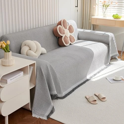 Offerta a tempo: VanderHOME Copridivano Super Soffice, Plaid divano Decorativa a Motivi Moderni in cotone Waffle con Frangia per Divano/Letto/Esterno, Copriletto Multiuso Divano 180 * 130cm-Grigio - 40% da 31.99 € a 19.19 €