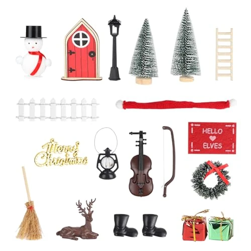 CPROSP Nissedor 20 stuks kabouterdeuraccessoires, kerstset, kabouterdeur, complete set feeëndeur, miniatuur kerstkabouter, deurdecoratie met kerstboom, sneeuwpop, hek, ladder, laarzen, krans,