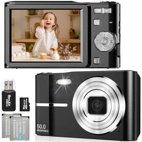 FAYIBUY Digital Camera 50MP 1080P FHD Photo Camera with Auto Focus 16X Digital Zoom Camera Portable Compact Camera with 32GB SD Card for Children Teenagers Beginners Gift (Black)