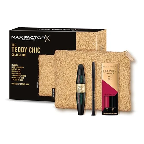 Oferta ograniczona: Max Factor, Teddy Chic damska szkatułka na prezent, miękka kopertówka z tuszem do rzęs z fałszywym efektem lash black + kredka do oczu Khol Kajal 20 czarna szminka Lipfinity 335 Just In Love z 106.14 EUR na 106.14 EUR (znizka 0%)