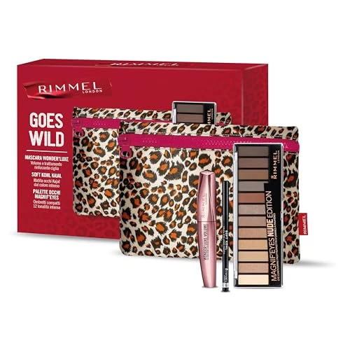 Offerta a tempo: Rimmel London, Cofanetto Regalo Donna Rimmel Goes Wild, Pochette Leopardata con Mascara Wonder’Luxe + Matita Occhi Soft Kohl Kajal Jet Black + Palette Occhi Magnif'eyes Nude - 19% da 31.07 € a 25.05 €