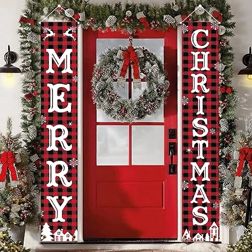 Offerta a tempo: Banner Natalizio per Porta, 2 Pezzi Oxford Fabric Rosse Fuori Porta Natalizio Striscioni Nataliz per Decorazioni Natalizie, Natale Decorazioni Casa, Addobbi Natalizi Esterno, Christmas Decorations - 15% da 12.99 € a 10.99 €
