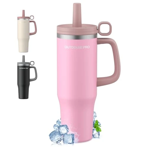 Thermobeker met handvat en rietje, BPA-vrij, 1200 ml, roze