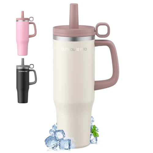 1200 ml Thermosbeker met handvat en rietje, BPA-vrij, 1,2 l, beker voor warme en koude dranken, lichtbruin