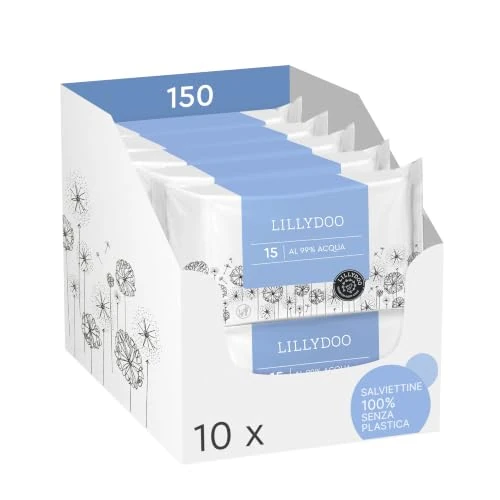 Offerta a tempo: Salviettine umidificate LILLYDOO al 99% acqua, 150 pezzi (10 x 15), 100% senza plastica, senza profumi e delicate come acqua e cotone - 10% da 12.90 € a 11.59 €