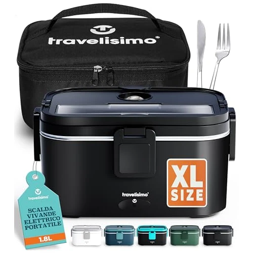 TRAVELISIMO Extra-Large Heated Lunch Box – Holds up to 1.8L – 80W Electric Lunch Box, Stainless Steel Heated Lunch Boxes for Adults 3 in 1 for Car, Electric Lunchbox 12V/24V/230V Self Heating Lunchbox