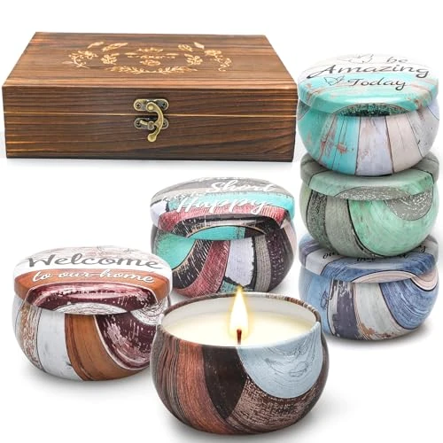 CREASHINE 6 Pack Scented Candles Gifts for Women Soy Candle Sets Birthday Wedding Return Gift House Warming New Home Decor Carved Wood Box with Lovely Sentiments & Latch Xmas Thank You Gifts